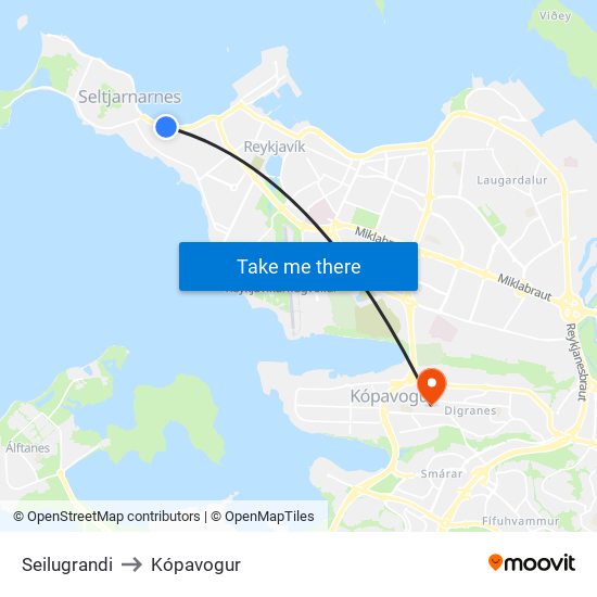 Seilugrandi to Kópavogur map