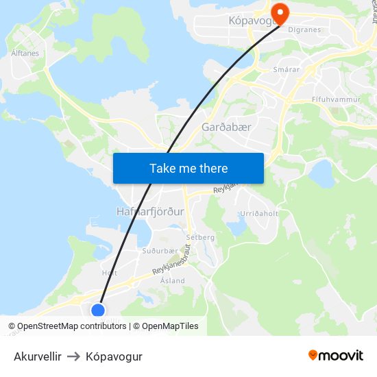 Akurvellir to Kópavogur map