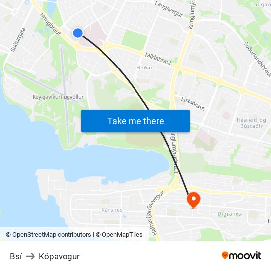 Bsí to Kópavogur map
