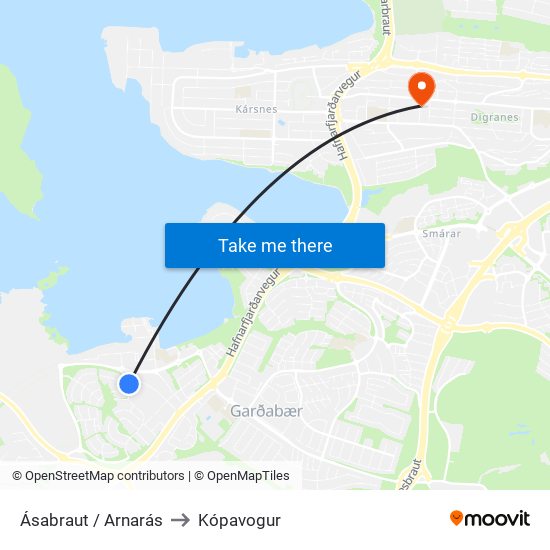 Ásabraut / Arnarás to Kópavogur map