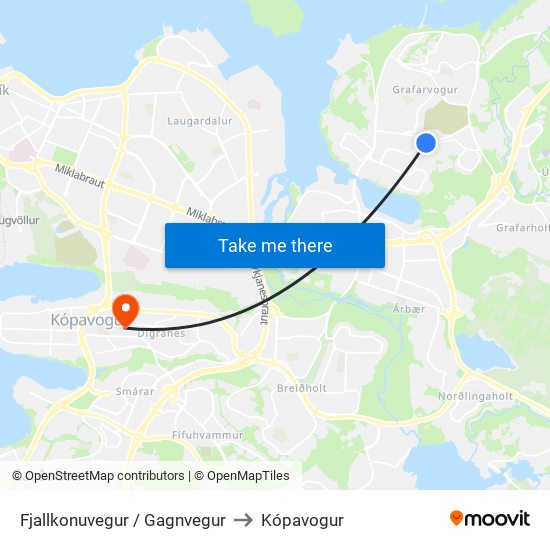 Fjallkonuvegur / Gagnvegur to Kópavogur map