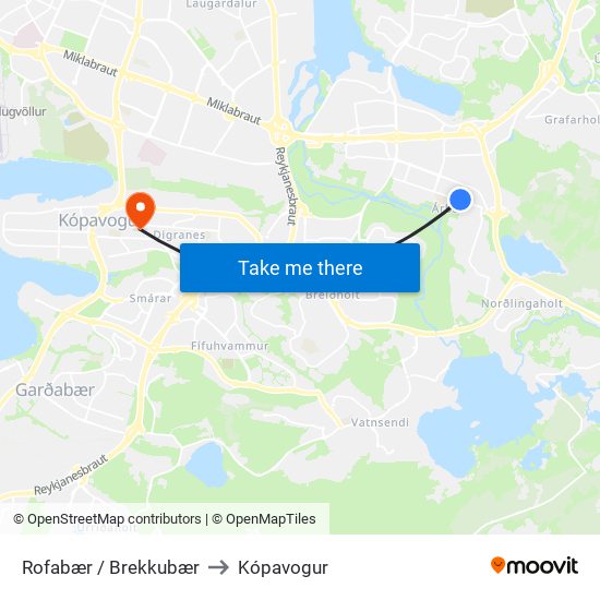 Rofabær / Brekkubær to Kópavogur map