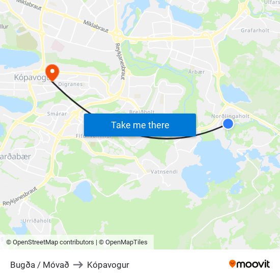 Bugða / Móvað to Kópavogur map