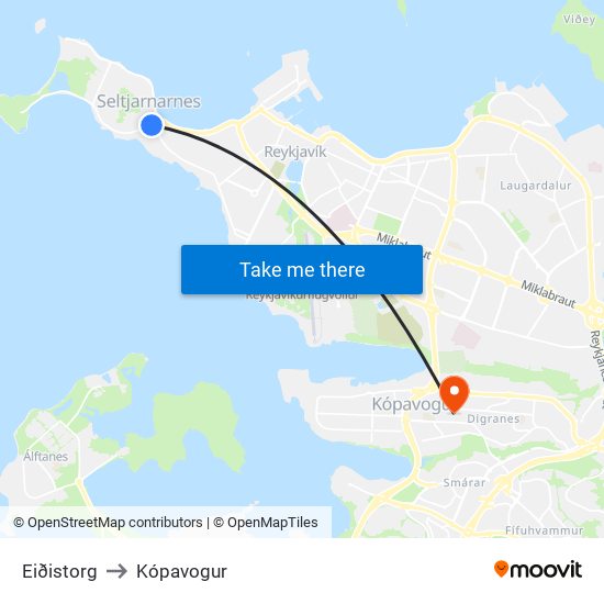 Eiðistorg to Kópavogur map