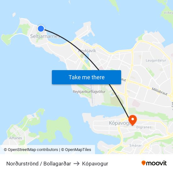 Norðurströnd / Bollagarðar to Kópavogur map