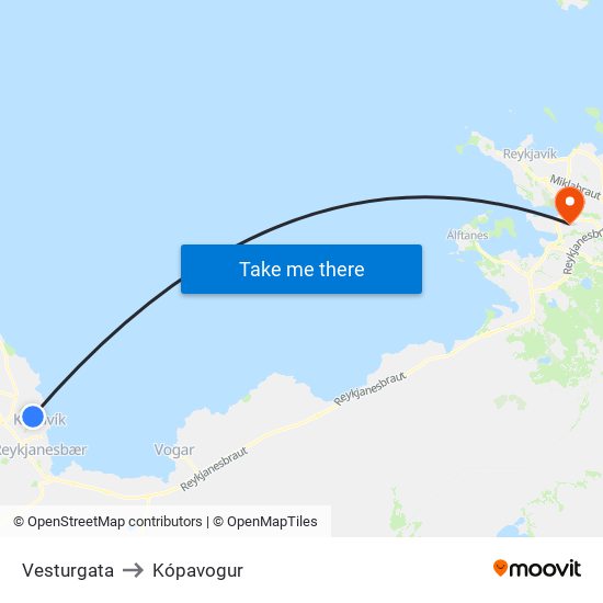 Vesturgata to Kópavogur map