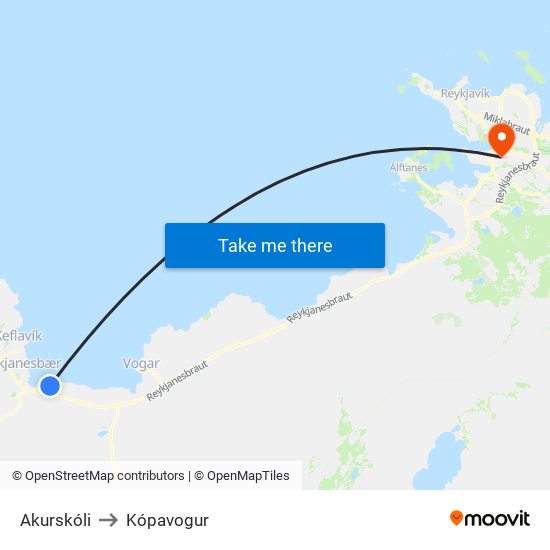 Akurskóli to Kópavogur map