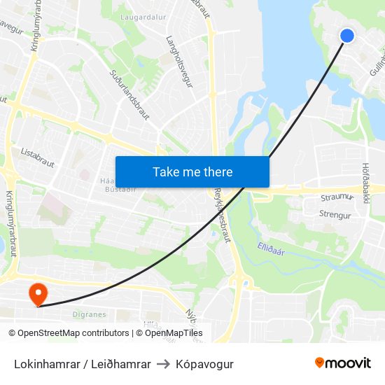 Lokinhamrar / Leiðhamrar to Kópavogur map