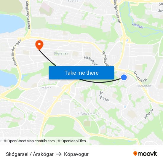 Skógarsel / Árskógar to Kópavogur map