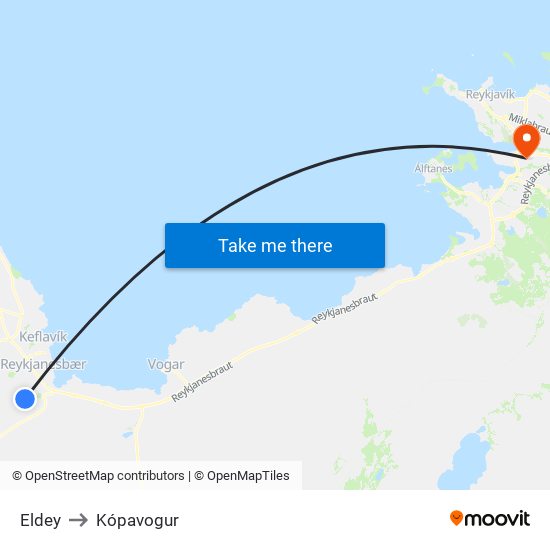 Eldey to Kópavogur map