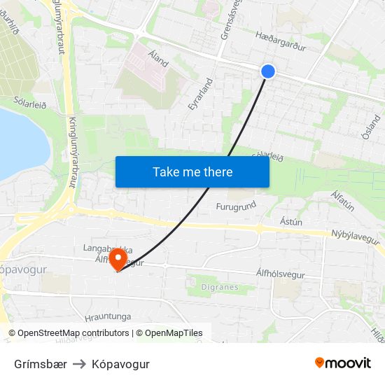 Grímsbær to Kópavogur map