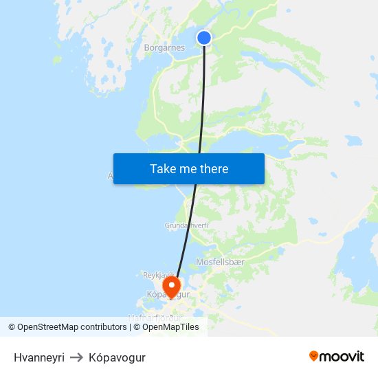 Hvanneyri to Kópavogur map