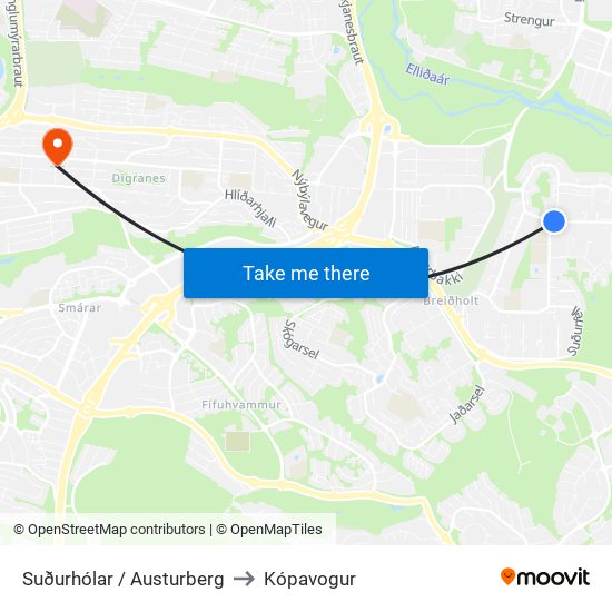 Suðurhólar / Austurberg to Kópavogur map