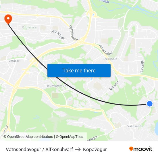 Vatnsendavegur / Álfkonuhvarf to Kópavogur map
