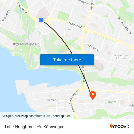 Lsh / Hringbraut to Kópavogur map