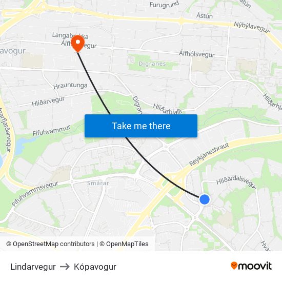 Lindarvegur to Kópavogur map