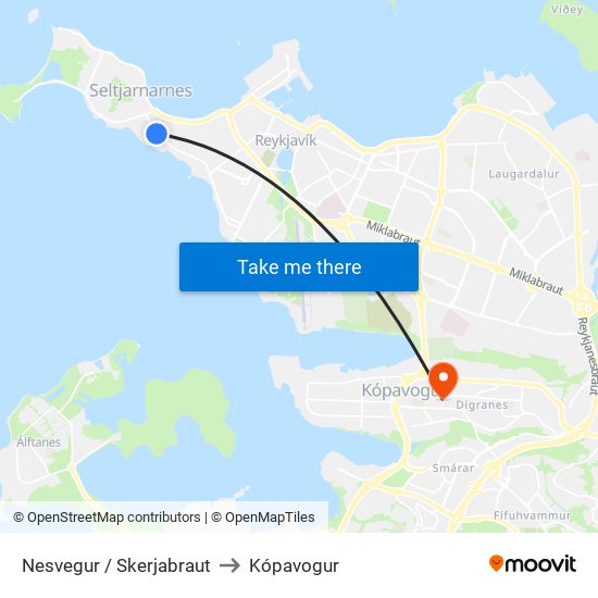 Nesvegur / Skerjabraut to Kópavogur map