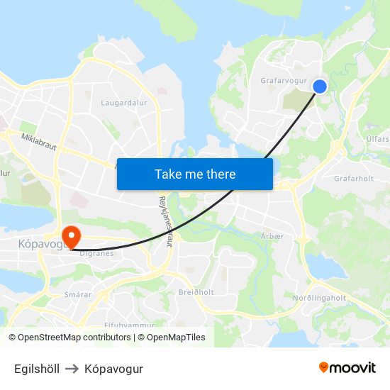 Egilshöll to Kópavogur map