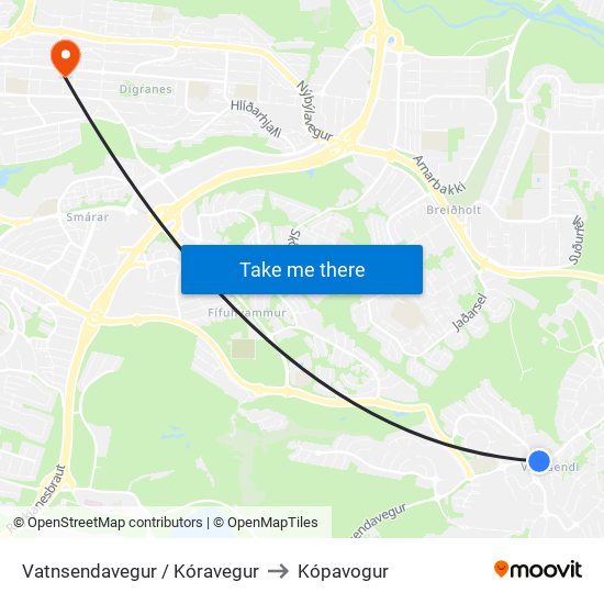 Vatnsendavegur / Kóravegur to Kópavogur map