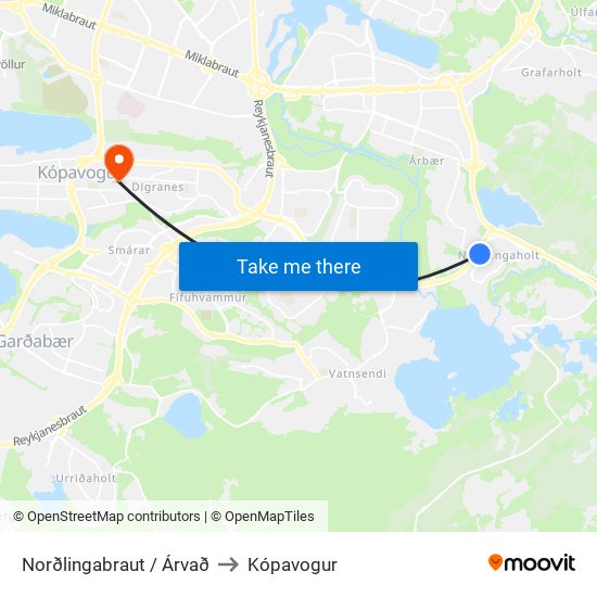Norðlingabraut / Árvað to Kópavogur map