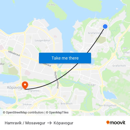 Hamravík / Mosavegur to Kópavogur map