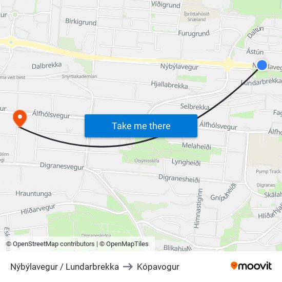 Nýbýlavegur / Lundarbrekka to Kópavogur map