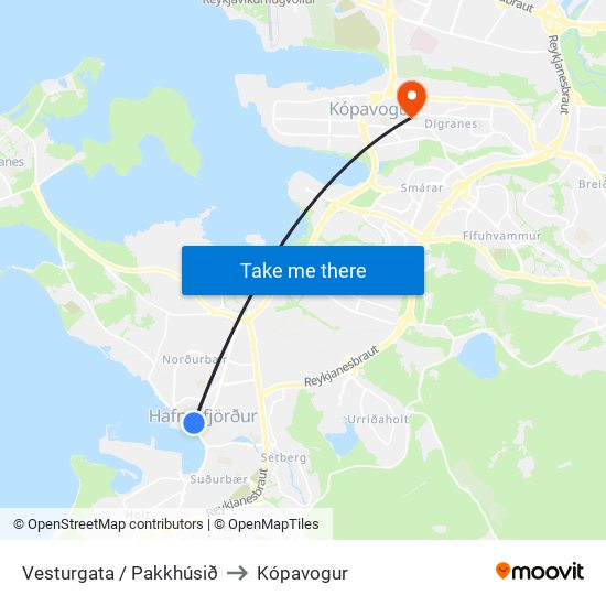 Vesturgata / Pakkhúsið to Kópavogur map