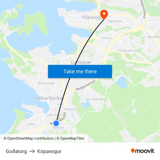 Goðatorg to Kópavogur map
