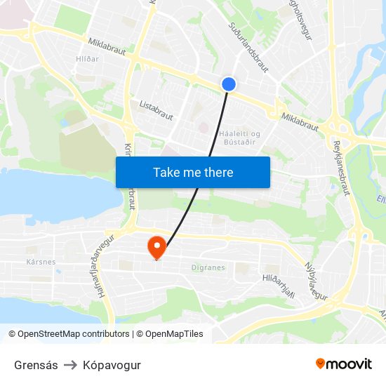 Grensás to Kópavogur map
