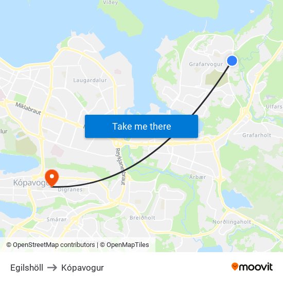 Egilshöll to Kópavogur map