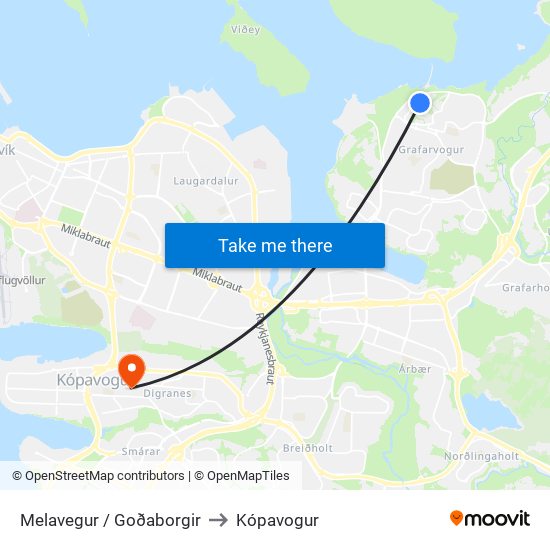 Melavegur / Goðaborgir to Kópavogur map