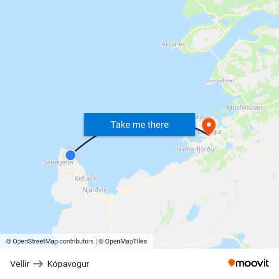 Vellir to Kópavogur map