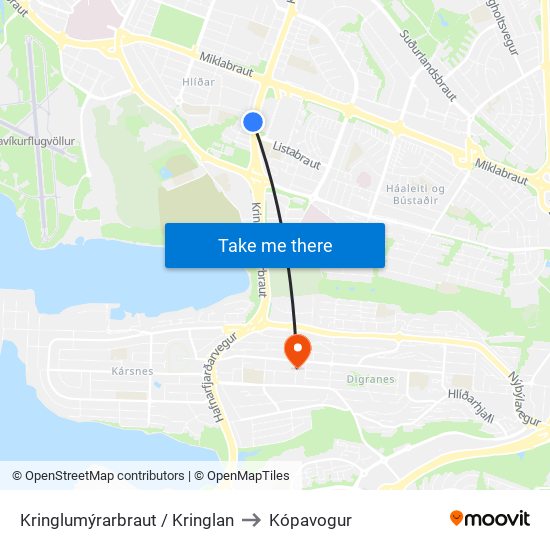 Kringlumýrarbraut / Kringlan to Kópavogur map