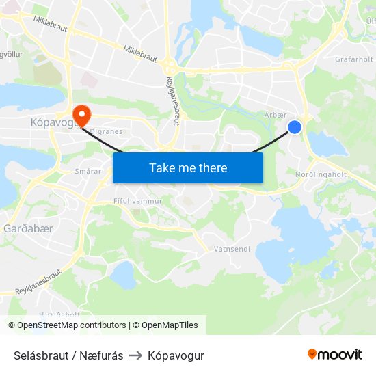 Selásbraut / Næfurás to Kópavogur map