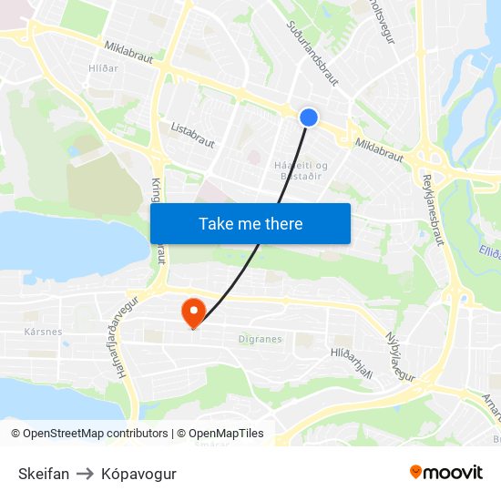 Skeifan to Kópavogur map