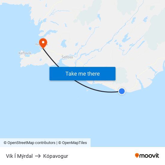 Vík Í Mýrdal to Kópavogur map