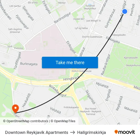 Downtown Reykjavík Apartments to Hallgrímskirkja map