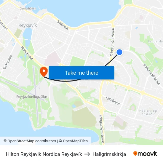 Hilton Reykjavik Nordica Reykjavík to Hallgrímskirkja map