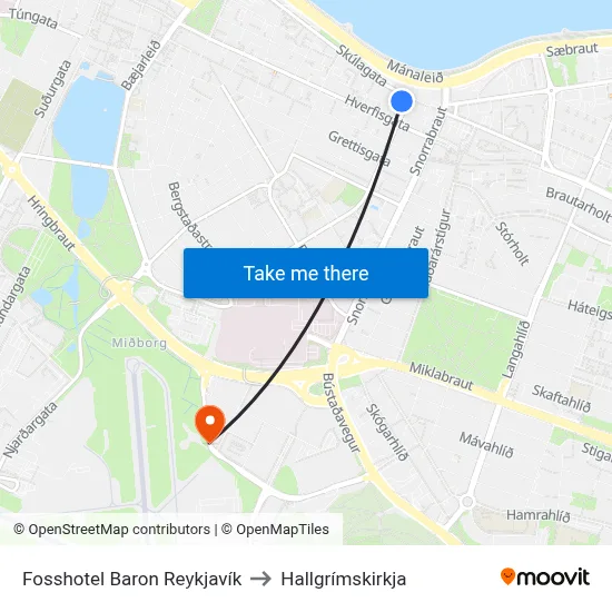 Fosshotel Baron Reykjavík to Hallgrímskirkja map