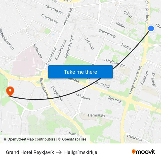 Grand Hotel Reykjavík to Hallgrímskirkja map