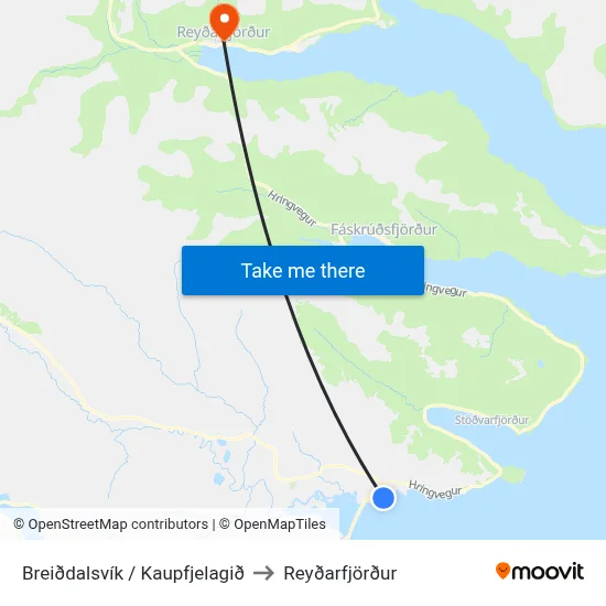 Breiðdalsvík / Kaupfjelagið to Reyðarfjörður map