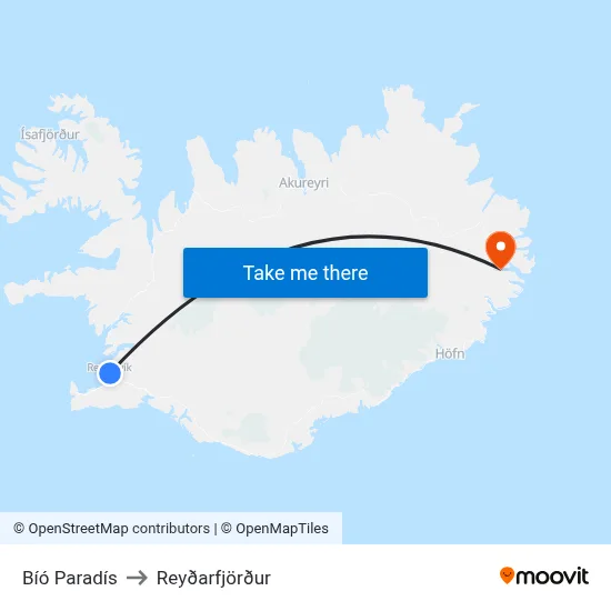Bíó Paradís to Reyðarfjörður map