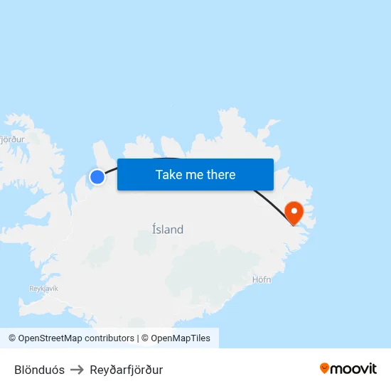 Blönduós to Reyðarfjörður map