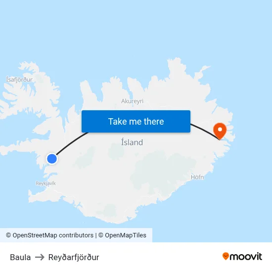 Baula to Reyðarfjörður map