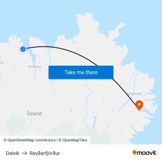 Dalvík to Reyðarfjörður map