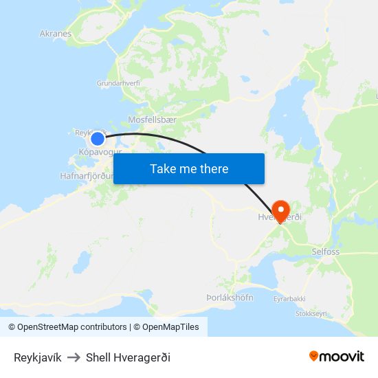 Reykjavík to Shell Hveragerði map