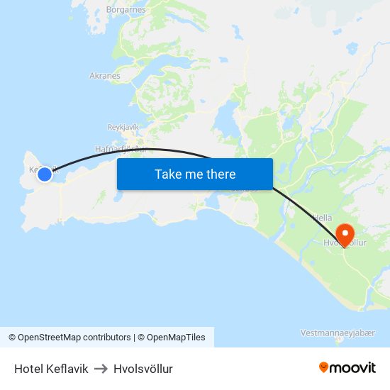 Hotel Keflavik to Hvolsvöllur map