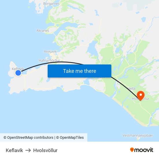 Keflavík to Hvolsvöllur map