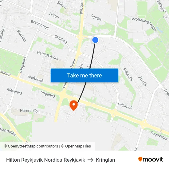 Hilton Reykjavik Nordica Reykjavík to Kringlan map