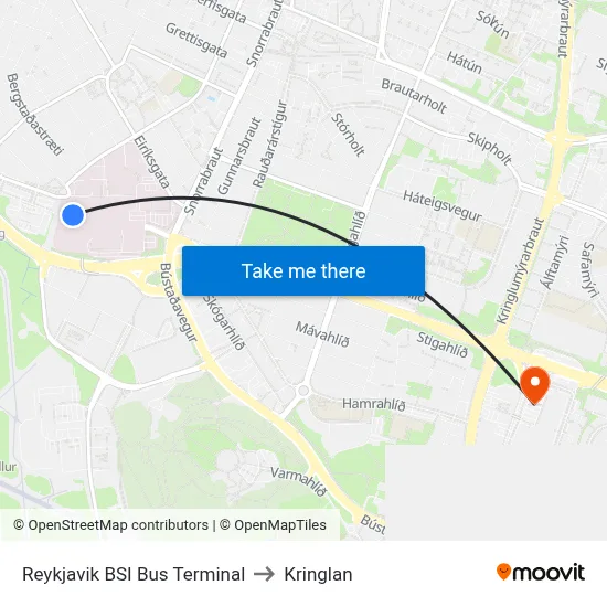 Reykjavik BSI Bus Terminal to Kringlan map
